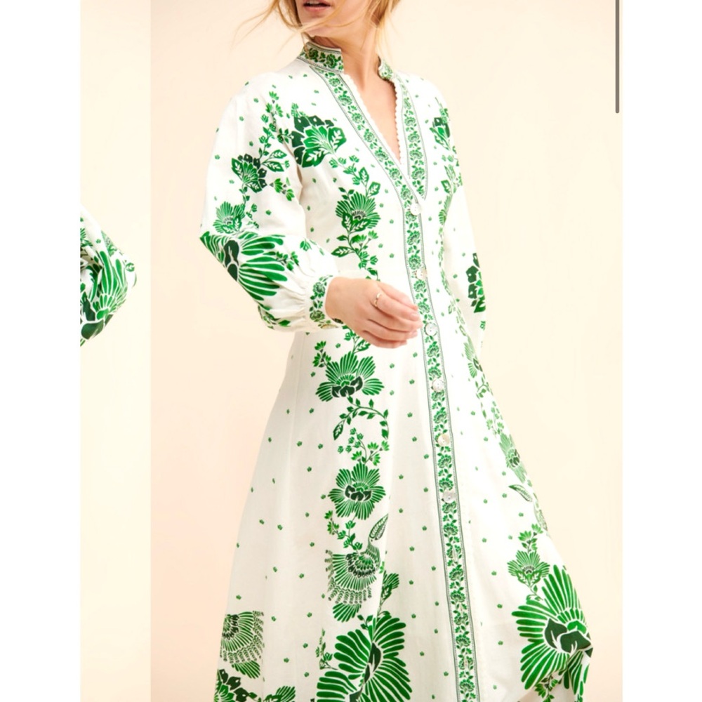 Magaschoni White and Green Maxi Sundress with Mandarin Collar